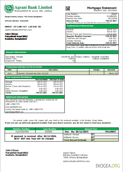 Bangladesh Agrani Bank relevé hypothécaire scr
